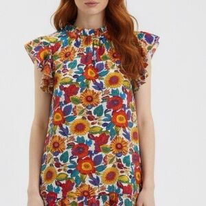 JODIFL Bright Floral Ruffle Sleeve Tunic - Red, Yellow, Blue
